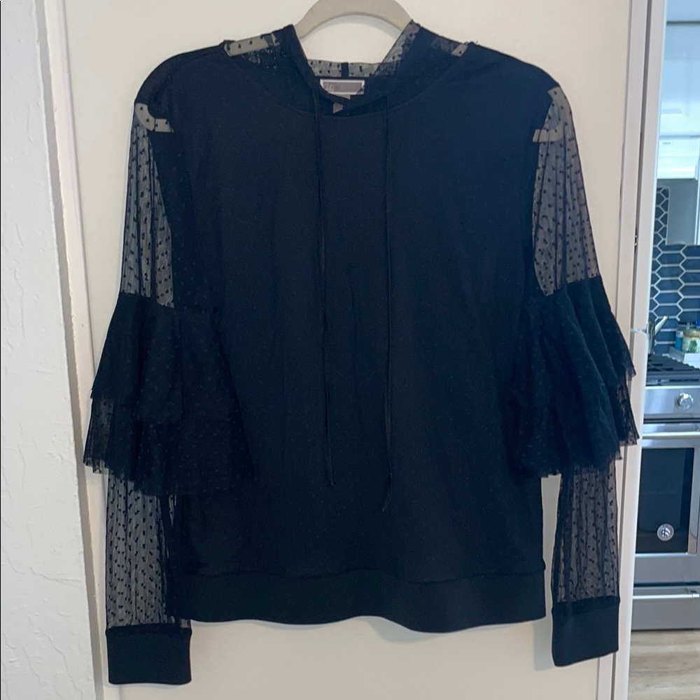Chelsea28 Elegant Black Sheer Long-sleeve with Dot. Pattern and a hood | L